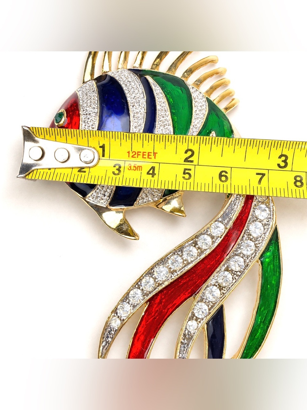 Large Colorful Tropical Fish Brooch Rhinestone Enamel Gold Tone Vintage Pin - Picture 9 of 10